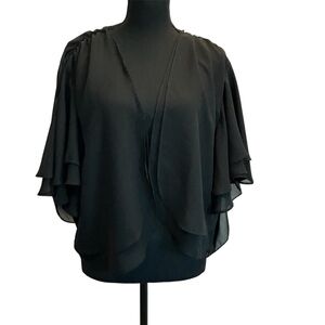 BCBGeneration black chiffon layered flutter sleeve open front lace back shawl